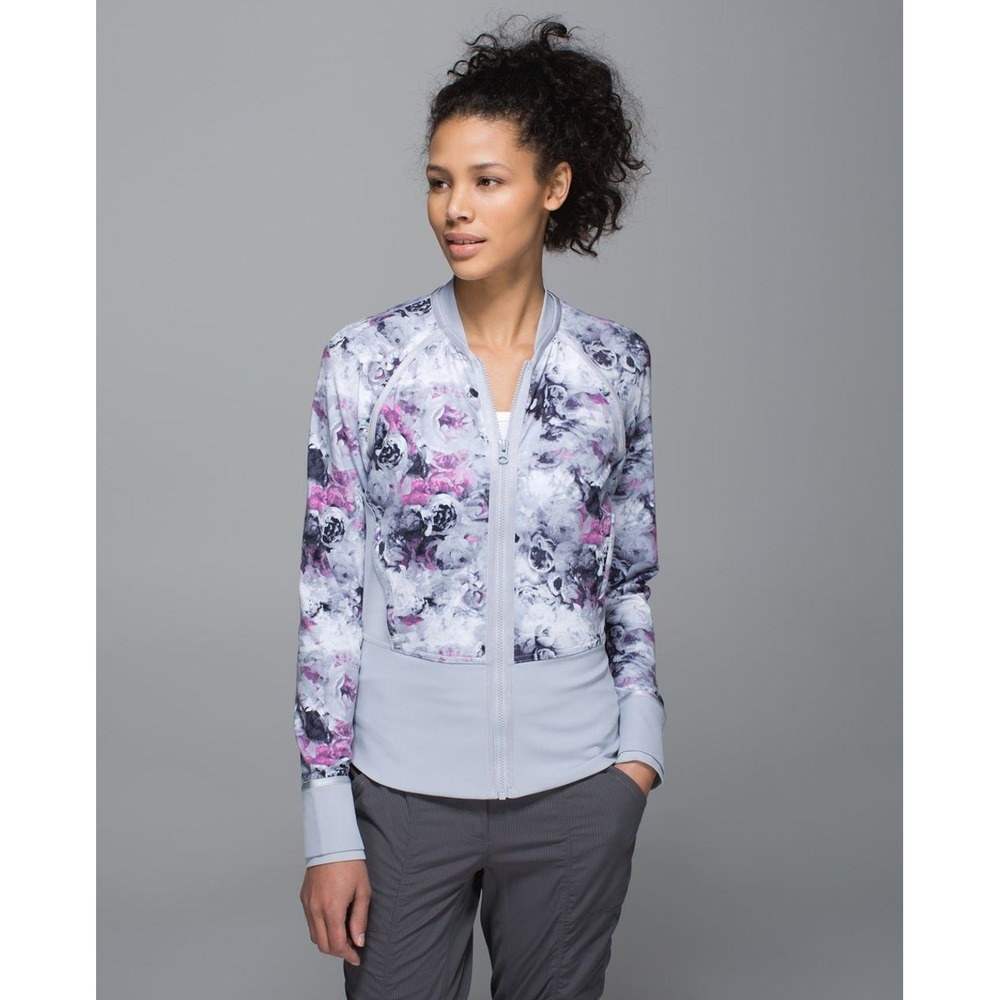 Lululemon Floral Watercolor Full Zip‎ Athletic Jacket Grey Pink Mesh Back Sz 10